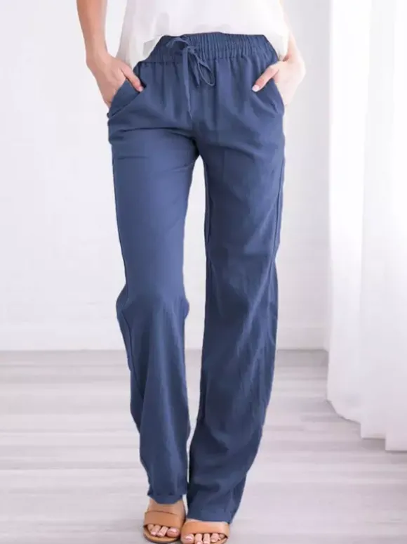 Pantalons Longs Femme Coupe Cintrée à Lacets avec Poches Unicolore
