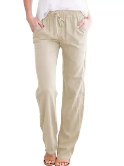Pantalons Longs Femme Coupe Cintrée à Lacets avec Poches Unicolore