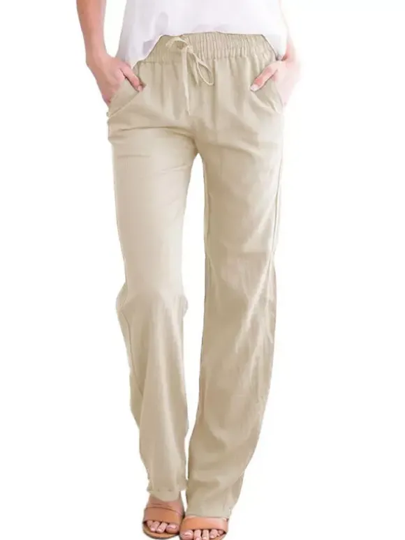 Pantalons Longs Femme Coupe Cintrée à Lacets avec Poches Unicolore