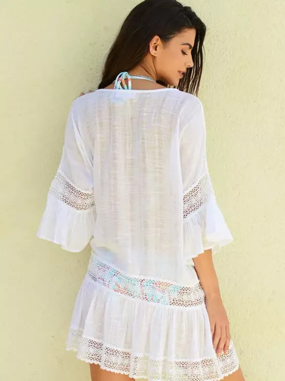 Paréo blanc à manches courtes en dentelle robe courte maillot de bain d'été pour la plage