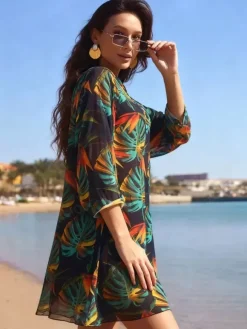 Paréo jaune à manches longues et imprimé géométrique robe courte en résille maillot de bain d'été pour la plage