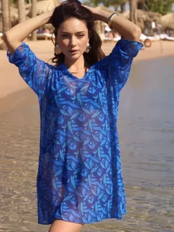 Paréo jaune à manches longues et imprimé géométrique robe courte en résille maillot de bain d'été pour la plage