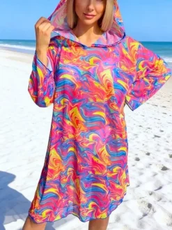 Paréo jaune à manches longues et imprimé géométrique robe courte en résille maillot de bain d'été pour la plage