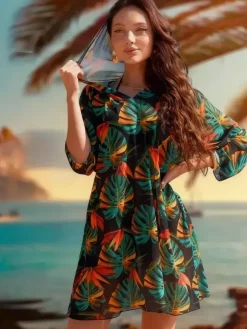 Paréo jaune à manches longues et imprimé géométrique robe courte en résille maillot de bain d'été pour la plage