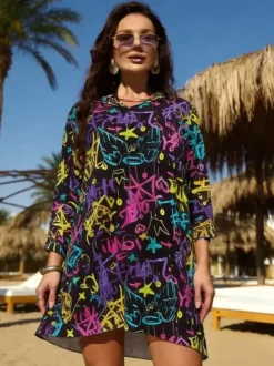 Paréo jaune à manches longues et imprimé géométrique robe courte en résille maillot de bain d'été pour la plage