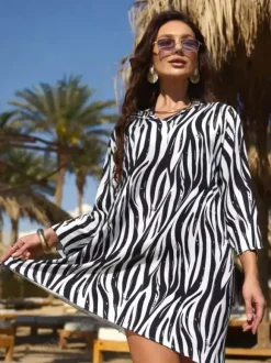 Paréo jaune à manches longues et imprimé géométrique robe courte en résille maillot de bain d'été pour la plage