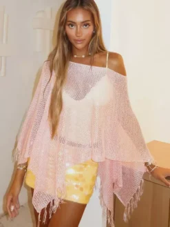 Paréos roses à franges en polyester pour femmes maillots de bain sexy d'été
