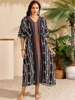 Paréos robes maxi oversize à cordon de serrage manches mi-longues col en V maillots de bain verts décontractés pour la plage