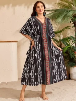 Paréos robes maxi oversize à cordon de serrage manches mi-longues col en V maillots de bain verts décontractés pour la plage
