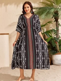 Paréos robes maxi oversize à cordon de serrage manches mi-longues col en V maillots de bain verts décontractés pour la plage