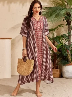Paréos robes maxi oversize à cordon de serrage manches mi-longues col en V maillots de bain verts décontractés pour la plage