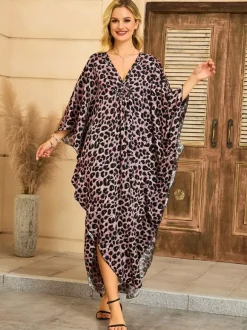 Paréos robes maxi oversize à manches longues imprimé léopard col en V manches chauve-souris maillots de bain de plage colorés et décontractés