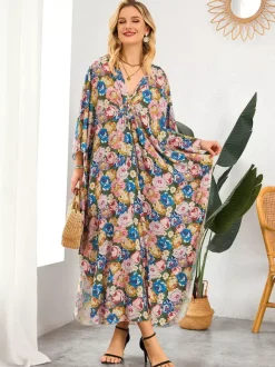 Paréos robes maxi oversize à manches longues imprimé léopard col en V manches chauve-souris maillots de bain de plage colorés et décontractés
