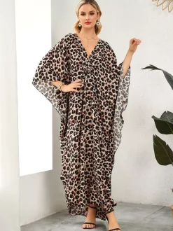 Paréos robes maxi oversize à manches longues imprimé léopard col en V manches chauve-souris maillots de bain de plage colorés et décontractés