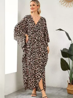 Paréos robes maxi oversize à manches longues imprimé léopard col en V manches chauve-souris maillots de bain de plage colorés et décontractés