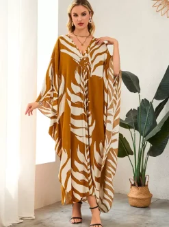 Paréos robes maxi oversize à manches longues imprimé léopard col en V manches chauve-souris maillots de bain de plage colorés et décontractés