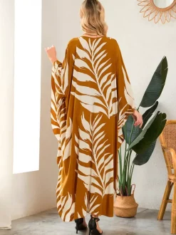 Paréos robes maxi oversize à manches longues imprimé léopard col en V manches chauve-souris maillots de bain de plage colorés et décontractés