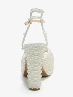 Perles blanches sandales de mariée Peep Toe talon bloc bride à la cheville chaussures de mariage