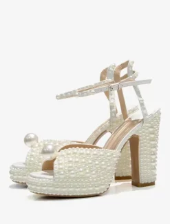 Perles blanches sandales de mariée Peep Toe talon bloc bride à la cheville chaussures de mariage