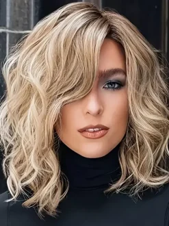 Perruque bob ondulée mi-longue dégradée bouclée et résistante à la chaleur avec raie au milieu. Cheveux synthétiques résistants à la chaleur.