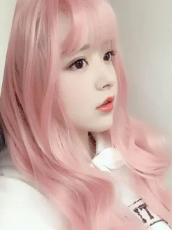 Perruque douce Lolita longue perruque de cheveux Lolita rose doux ébouriffé avec une frange Déguisements Halloween