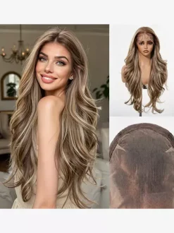 Perruque longue pour femme châtain foncé style synthétique chic