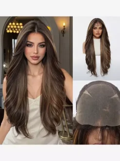 Perruque longue pour femme châtain foncé style synthétique chic