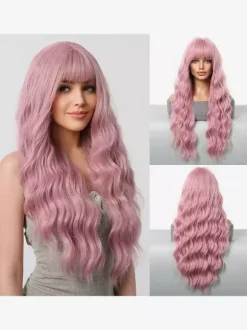 Perruque longue rose chic pour femme perruque synthétique