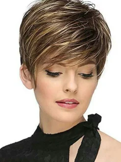Perruques Synthétiques Femme Courtes Frisés Marron avec Franges Bicolores Invisible Perruque Synthétique Femme