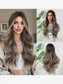 Perruque synthétique longue ondulée avec raie au milieu et mèches ombrées pour femme