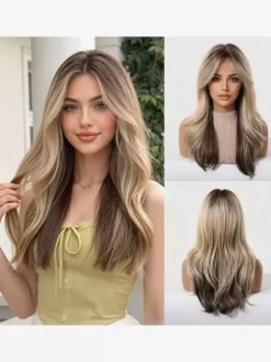 Perruque synthétique longue ondulée à racines foncées ombrées avec frange rideau couleur pastel.