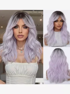 Perruque synthétique longue ondulée à racines foncées ombrées avec frange rideau couleur pastel.