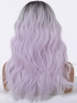 Perruque synthétique longue ondulée à racines foncées ombrées avec frange rideau couleur pastel.