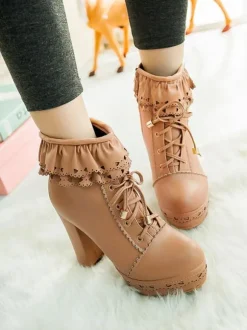 Pink Lolita Bottes PU Cuir Round Toe Heel Chunky Tops Low Tops Lolita Footwear