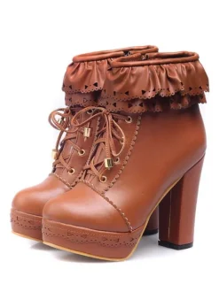 Pink Lolita Bottes PU Cuir Round Toe Heel Chunky Tops Low Tops Lolita Footwear