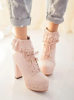 Pink Lolita Bottes PU Cuir Round Toe Heel Chunky Tops Low Tops Lolita Footwear
