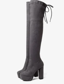 Plate-forme cuissardes femmes tissu élastique à lacets bout en amande talon épais sur les bottes au genou