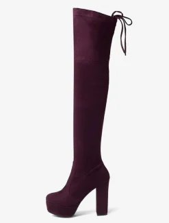 Plate-forme cuissardes femmes tissu élastique à lacets bout en amande talon épais sur les bottes au genou