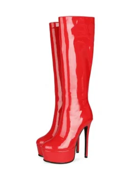 Plate-forme pour femmes talon aiguille bottes hautes en cuir verni