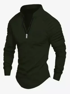 Polo pour homme à col en V et manches longues avec fermeture éclair coupe standard gris jolis polos