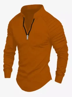 Polo pour homme à col en V et manches longues avec fermeture éclair coupe standard gris jolis polos
