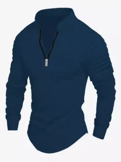 Polo pour homme à col en V et manches longues avec fermeture éclair coupe standard gris jolis polos