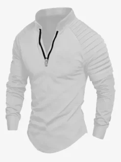 Polo pour homme à col en V et manches longues avec fermeture éclair coupe standard gris jolis polos