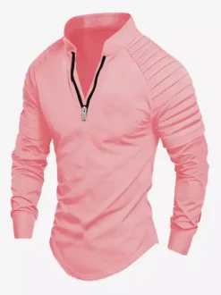 Polo pour homme à col en V et manches longues avec fermeture éclair coupe standard gris jolis polos