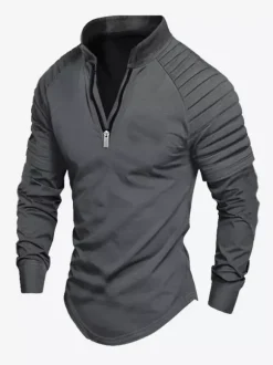 Polo pour homme à col en V et manches longues avec fermeture éclair coupe standard gris jolis polos