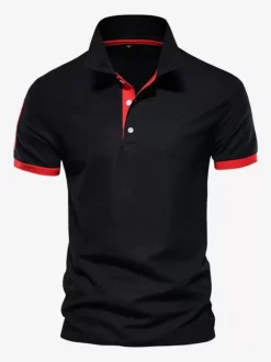 Polo Homme Col Rabattu Manches Courtes Boutons Classique Bleu Marine Foncé Chic