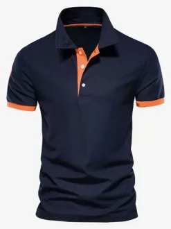 Polo Homme Col Rabattu Manches Courtes Boutons Classique Bleu Marine Foncé Chic