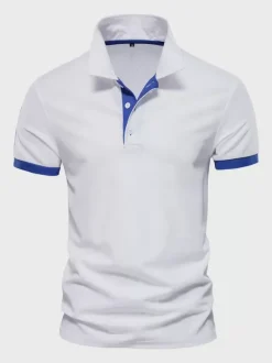 Polo Homme Col Rabattu Manches Courtes Boutons Classique Bleu Marine Foncé Chic