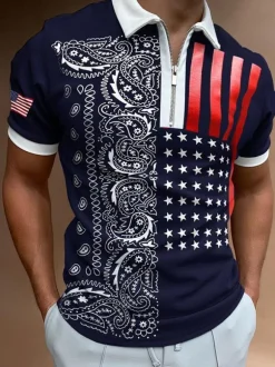 Polo Homme Imprimé Col Rabattu Manches Courtes Bleu Polos Chics
