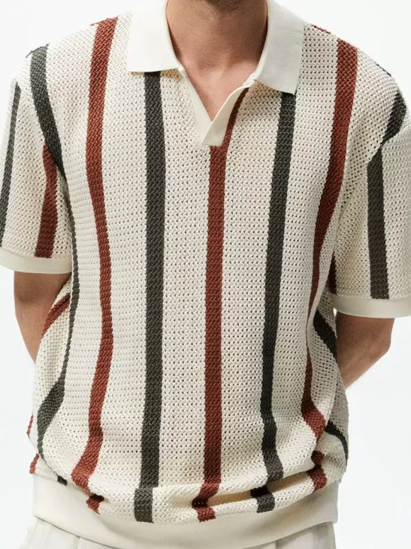 Polo Homme Tricoté Col Rabattu Manches Courtes Boutons Vintage Beige Chic